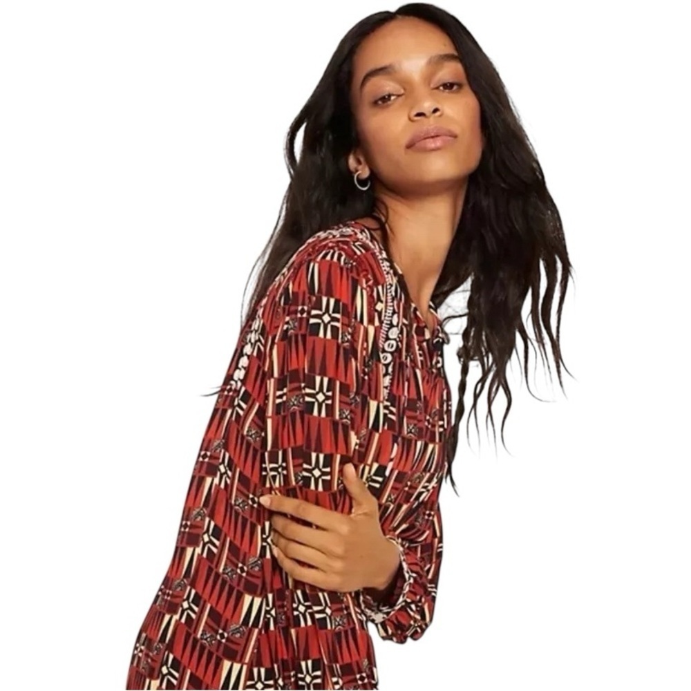 Anthropologie Verb Pallavi Singhee Sarah Red Beige Tunic dress boho western - Picture 5 of 8
